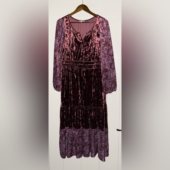 Frye and Co. Floral Burnout Velvet Burgundy Dress Midi Flounce L Boho Cowgirl - Picture 8 of 11